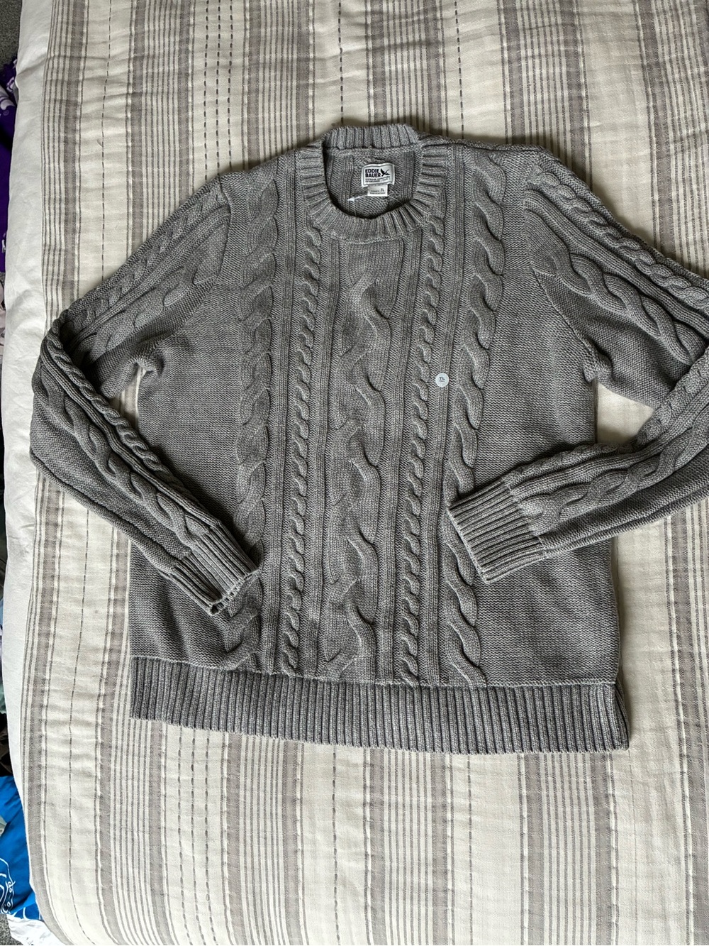 Eddie Bauer Gray Cable Knit Crewneck Sweater Tall Large